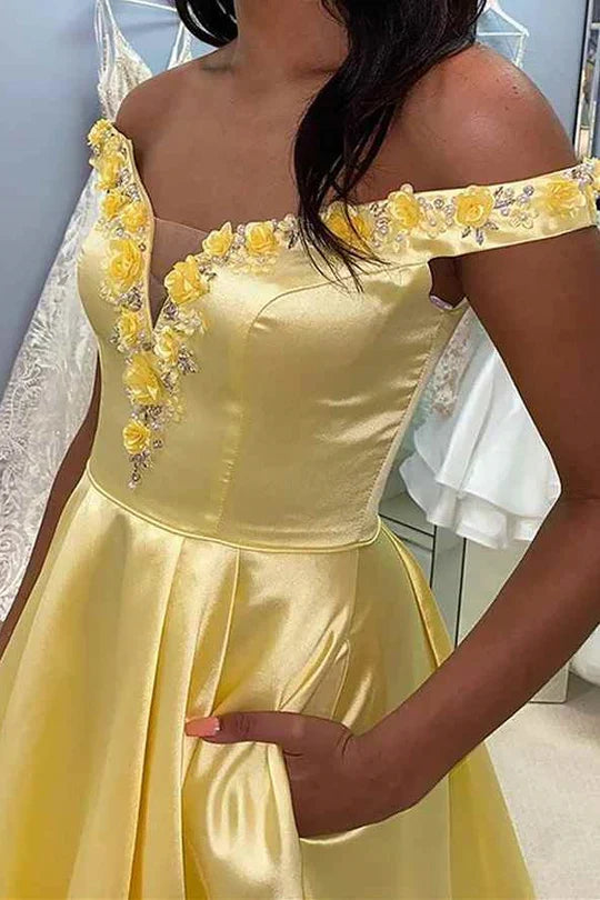 Yellow Off-the-Shoulder Satin Prom Dress with 3D Floral AppliquÃ© and Pockets
