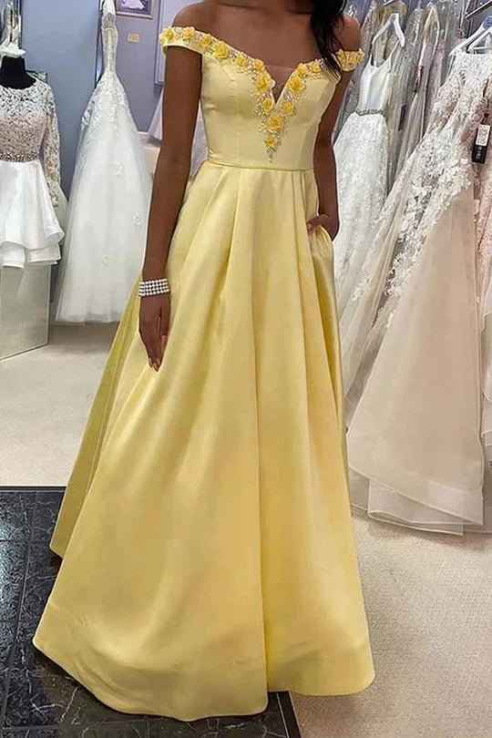 Yellow Off-the-Shoulder Satin Prom Dress with 3D Floral AppliquÃ© and Pockets