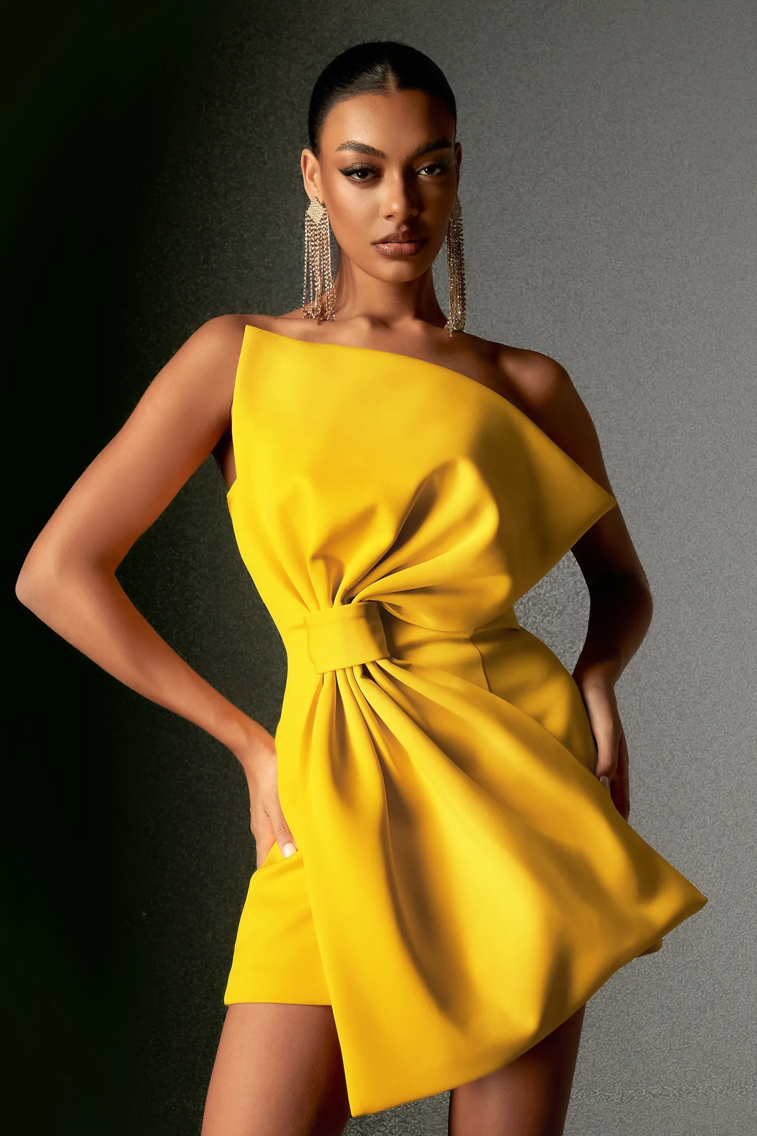 Yellow One-Shoulder Draped Bow Detail Structured Mini Evening Dresses