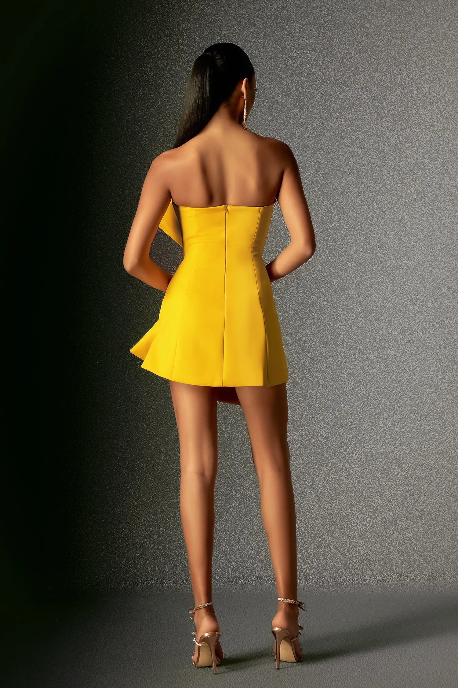 Yellow One-Shoulder Draped Bow Detail Structured Mini Evening Dresses