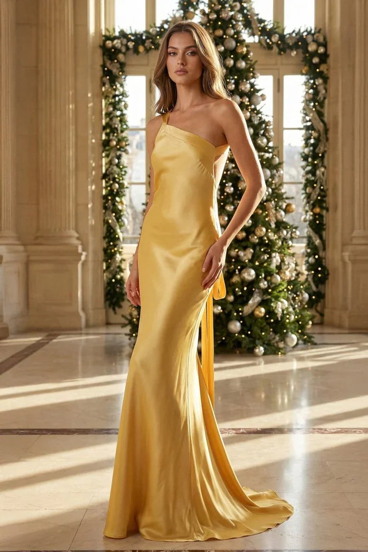 Yellow One-Shoulder Satin Maxi Dress with Open Back and Tie Detail Prom Dress
