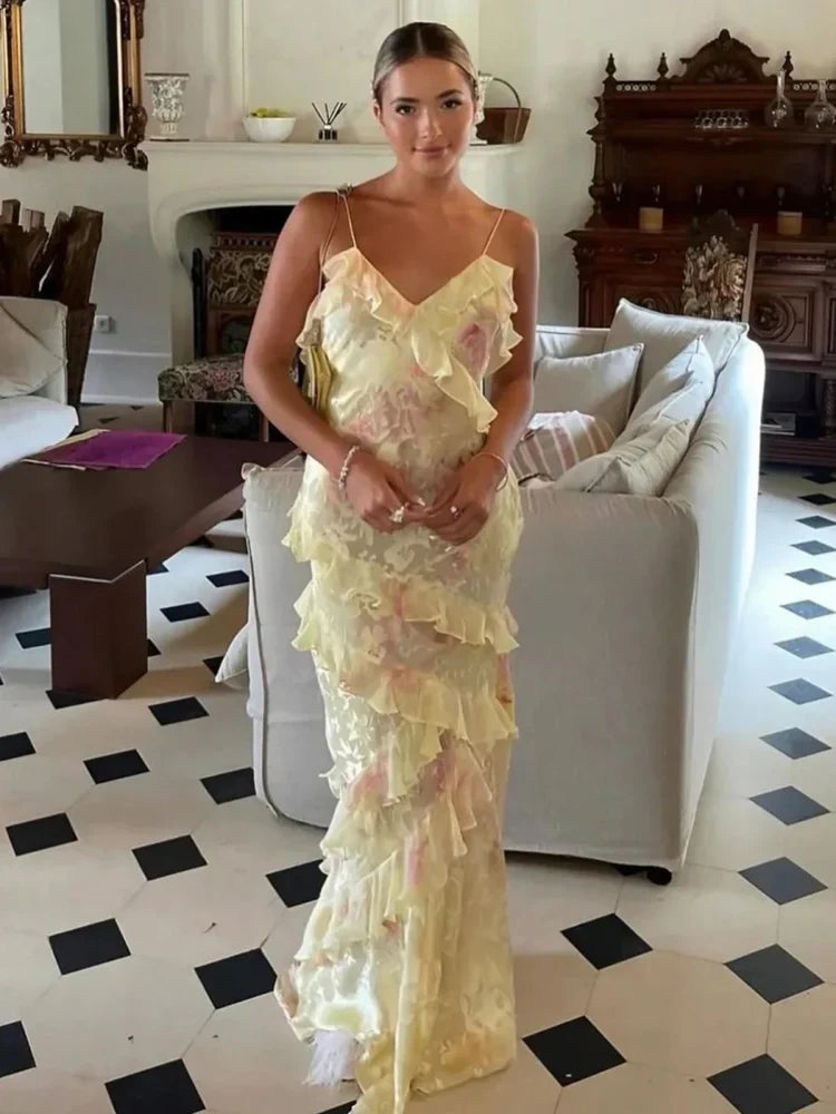 Yellow Pink Floral Ruffled Spaghetti Strap Backless Maxi Prom Dress