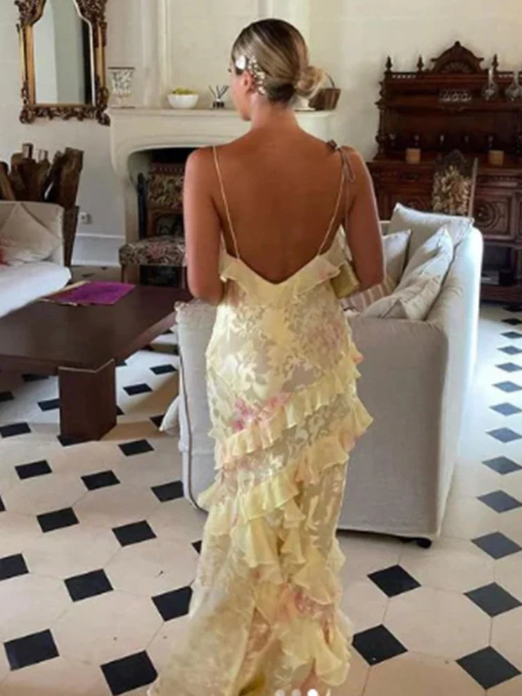Yellow Pink Floral Ruffled Spaghetti Strap Backless Maxi Prom Dress