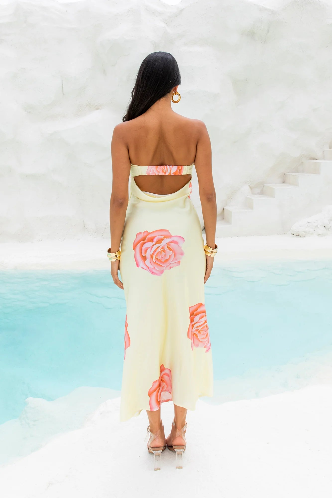 Yellow Pink Rose Print Strapless Backless Midi Evening Dresses