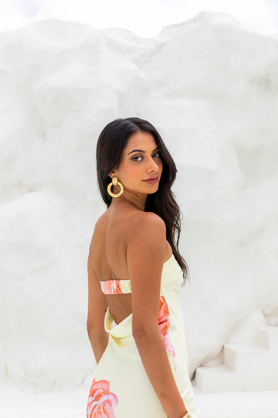 Yellow Pink Rose Print Strapless Backless Midi Evening Dresses