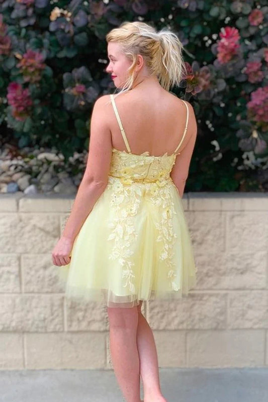 Yellow Princess A-line Appliques Short Homecoming Dress