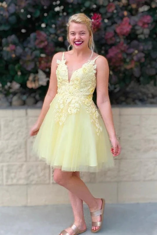 Yellow Princess A-line Appliques Short Homecoming Dress