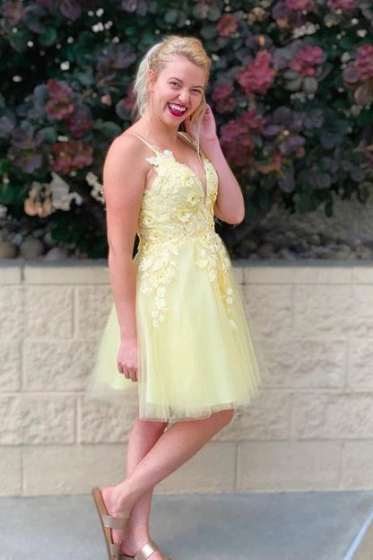 Yellow Princess A-line Appliques Short Homecoming Dress
