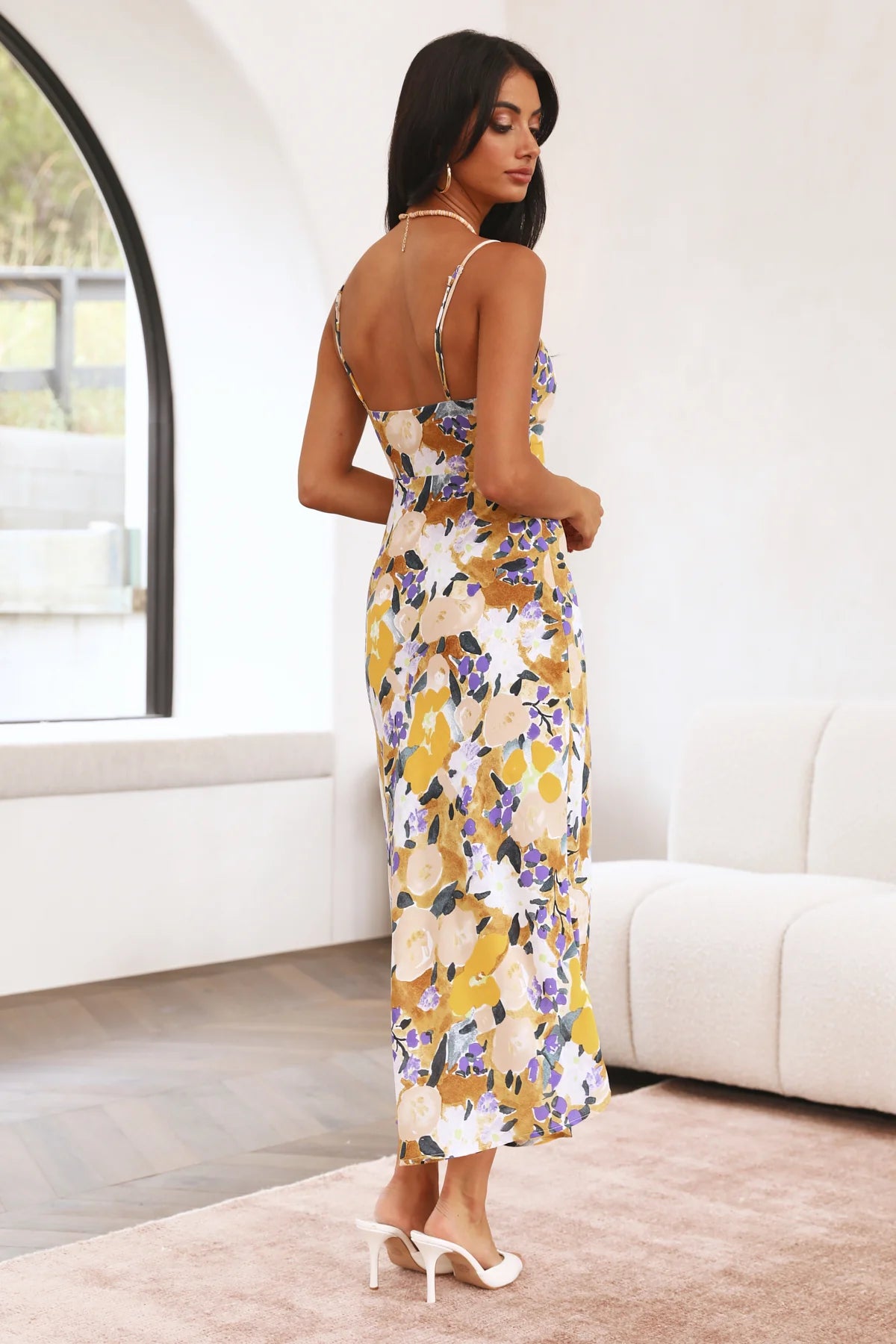Yellow Purple Floral Print Spaghetti Strap Slit Midi Evening Dresses