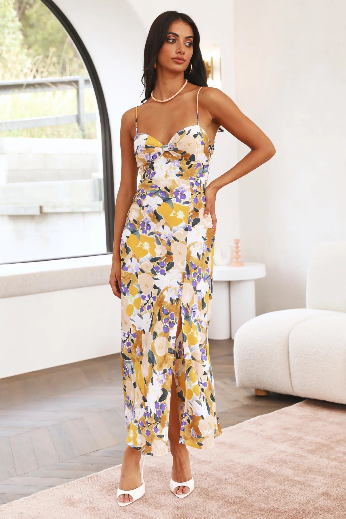 Yellow Purple Floral Print Spaghetti Strap Slit Midi Evening Dresses