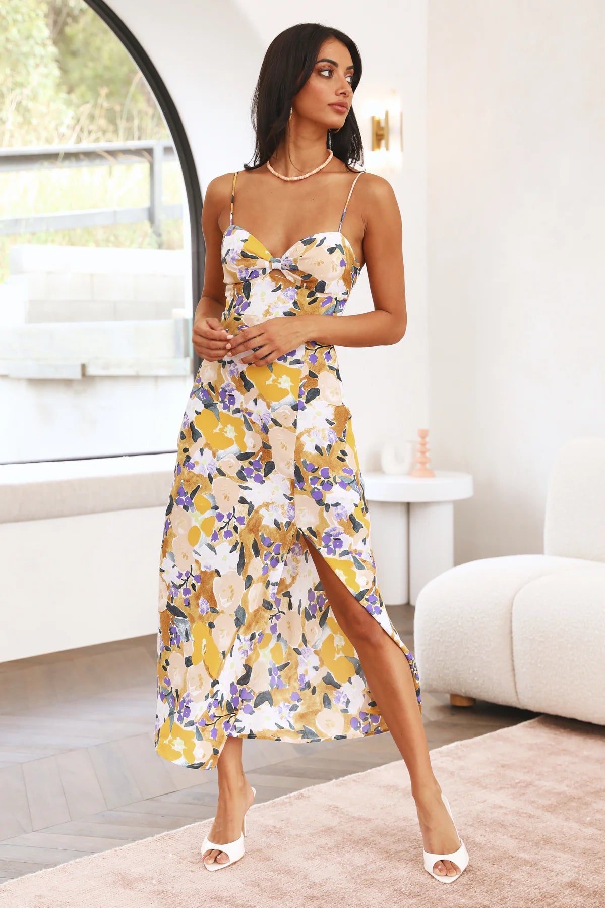 Yellow Purple Floral Print Spaghetti Strap Slit Midi Evening Dresses