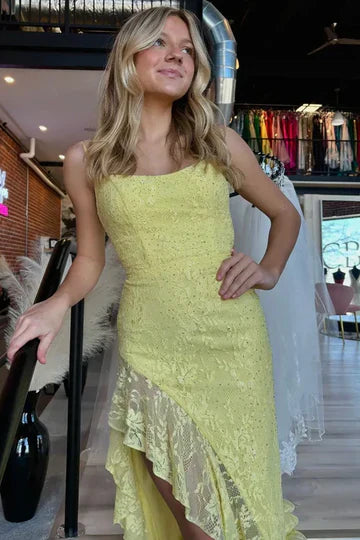 Yellow Spaghetti Strap Lace Prom Dress with High Slit and Lace-Up Back