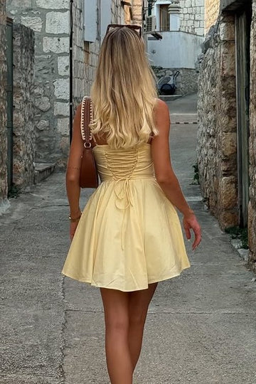 Yellow Spaghetti Straps A-Line V-Neck Satin Sleeveless Short Homecoming Dress