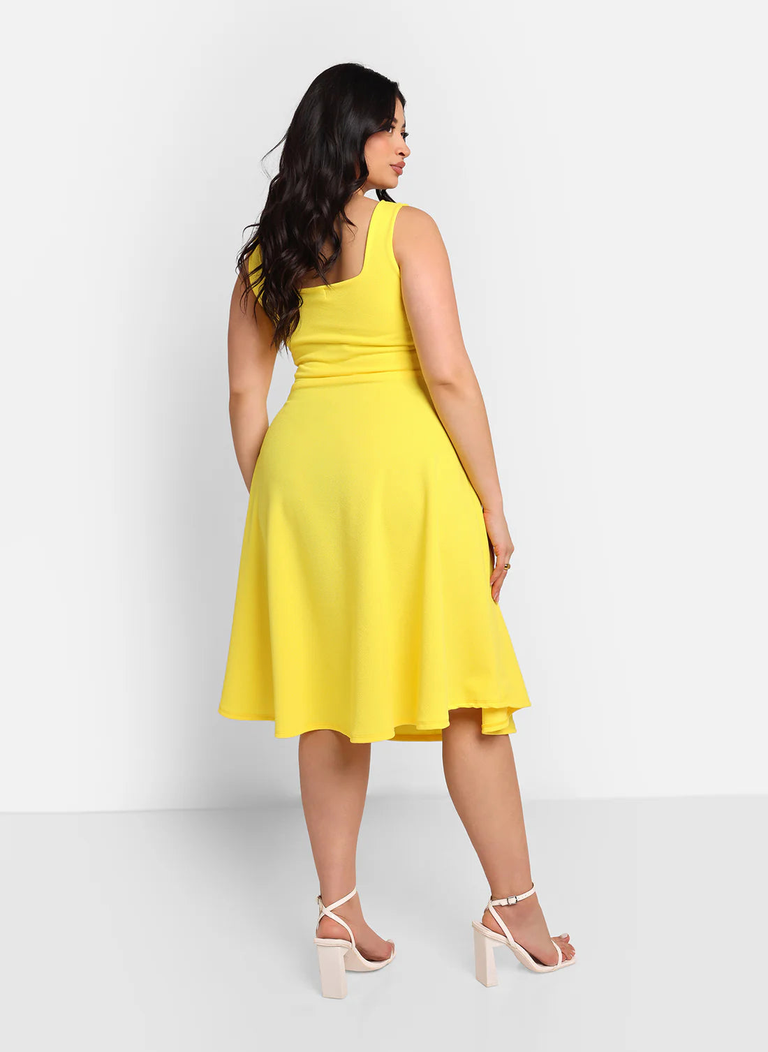 Yellow Square Neck Sleeveless Fit & Flare Midi Evening Dresses