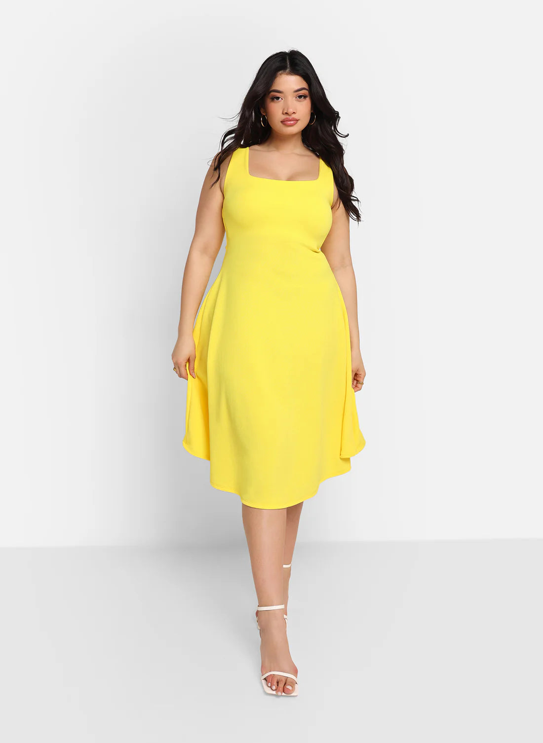 Yellow Square Neck Sleeveless Fit & Flare Midi Evening Dresses