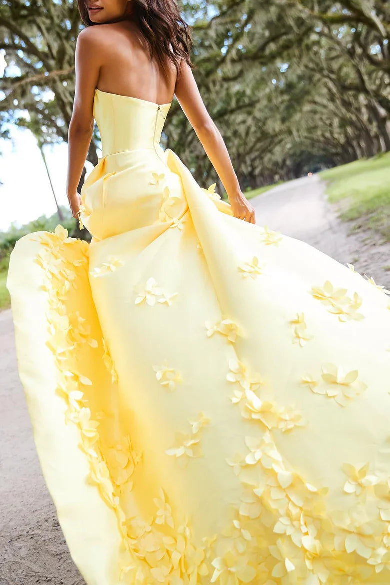 Yellow Strapless 3D Floral Applique Ball Gown Prom Dress with Train