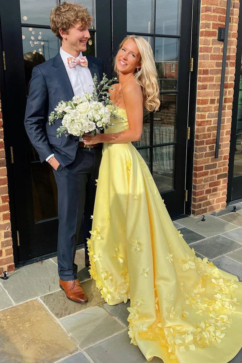 Yellow Strapless 3D Floral Applique Ball Gown Prom Dress with Train