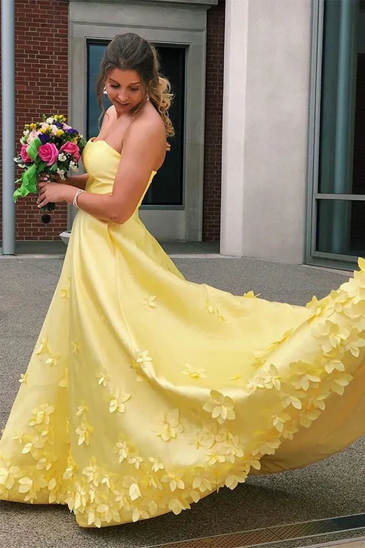 Yellow Strapless 3D Floral Applique Ball Gown Prom Dress with Train