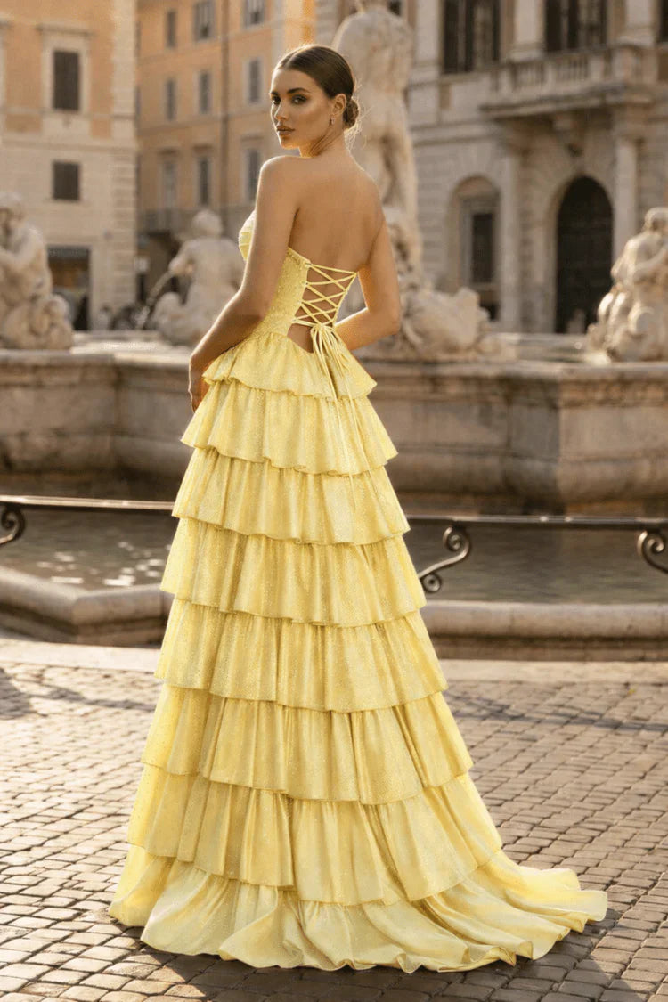 Yellow Strapless Cutout Ruffled Tiered Maxi with Lace-Up Back Prom Dress