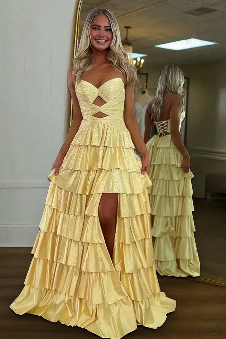 Yellow Strapless Cutout Ruffled Tiered Maxi with Lace-Up Back Prom Dress