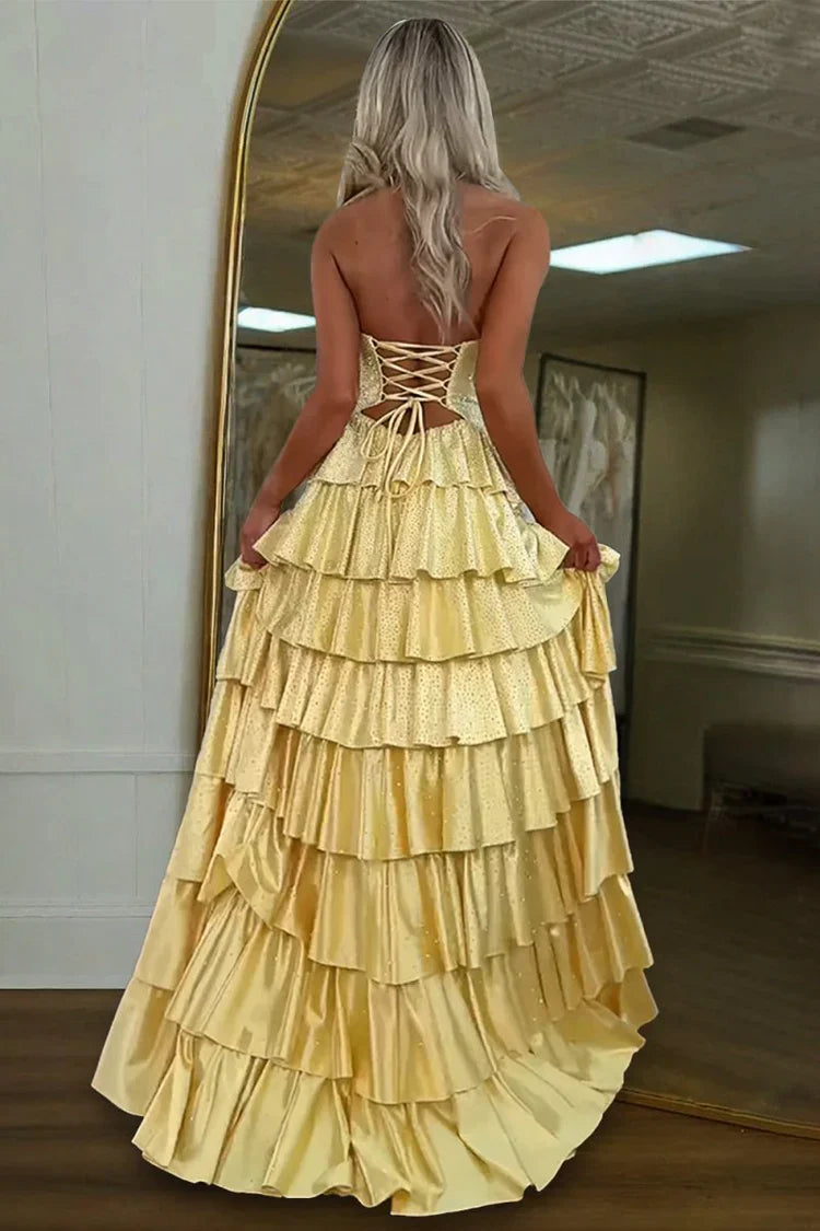 Yellow Strapless Cutout Ruffled Tiered Maxi with Lace-Up Back Prom Dress