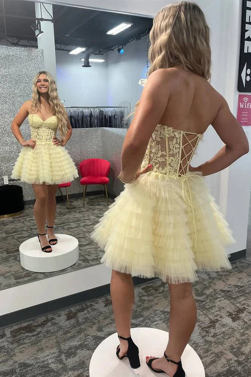Yellow Strapless Lace Tiered Tulle Homecoming Dresses