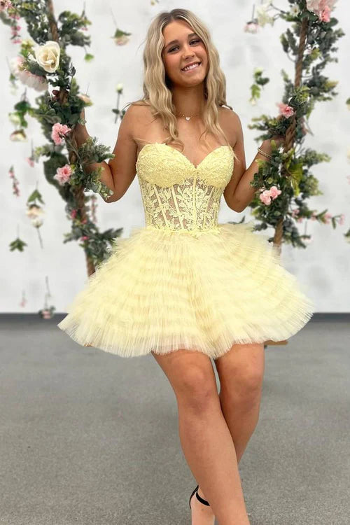 Yellow Strapless Lace Tiered Tulle Homecoming Dresses