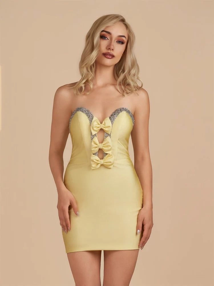 Yellow Strapless Rhinestone Bow-Front Lace-Up Homecoming Dresses