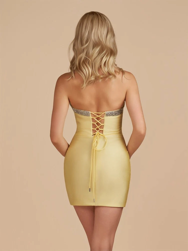 Yellow Strapless Rhinestone Bow-Front Lace-Up Homecoming Dresses