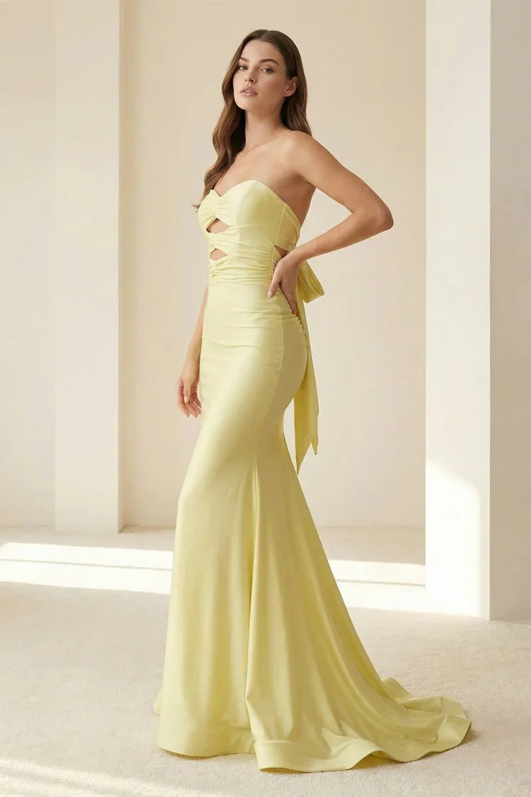 Yellow Strapless Satin Mermaid Gown with Cut-Out Waist and Back Bow Detail Prom Dress