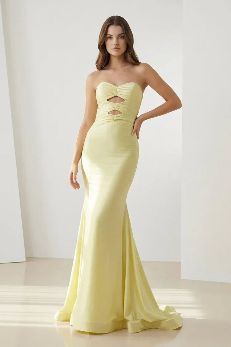 Yellow Strapless Satin Mermaid Gown with Cut-Out Waist and Back Bow Detail Prom Dress