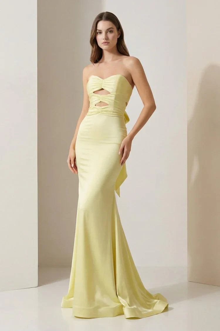 Yellow Strapless Satin Mermaid Gown with Cut-Out Waist and Back Bow Detail Prom Dress