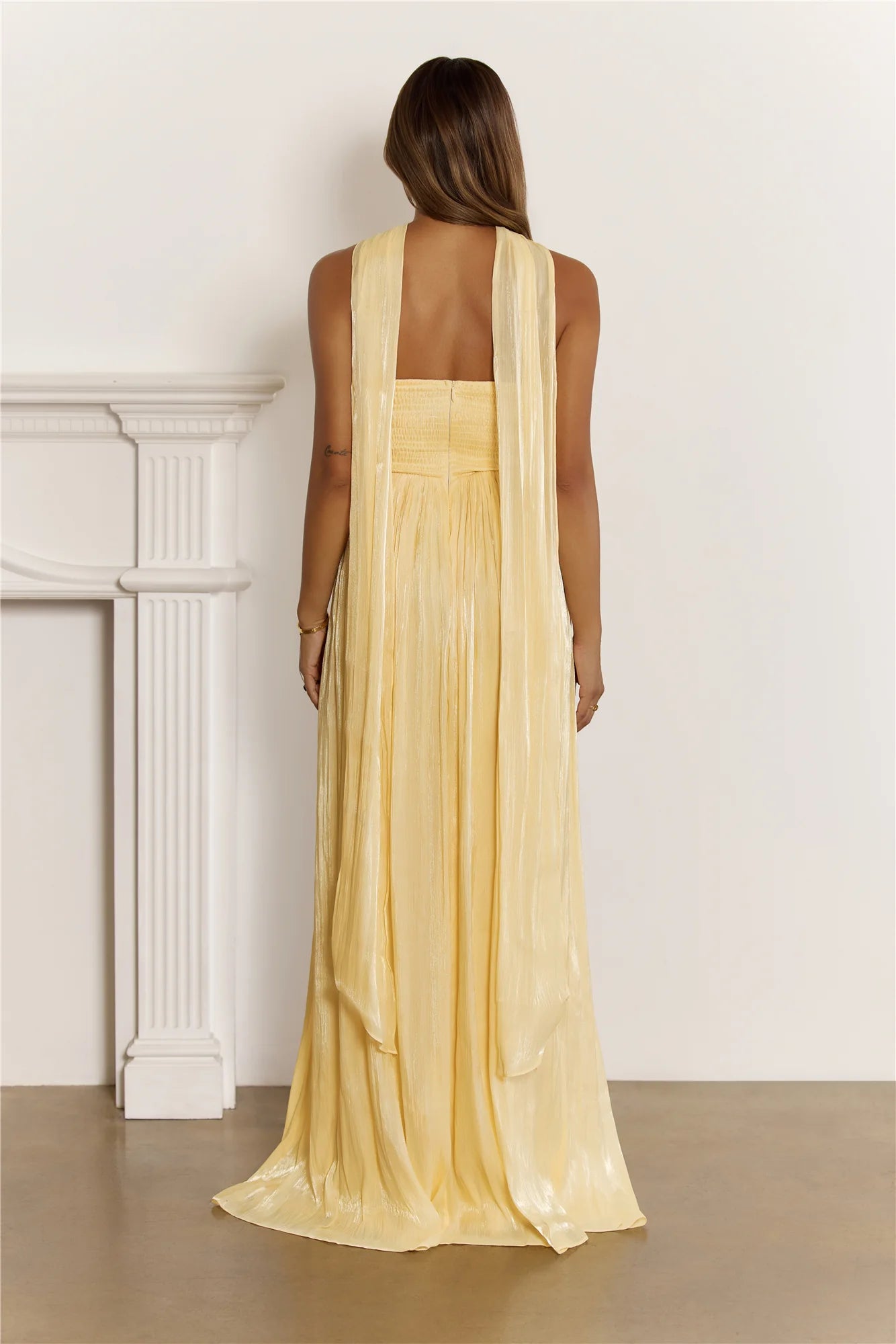 Yellow Strapless Sweetheart Neck Chiffon with Neck Scarf Evening Dress