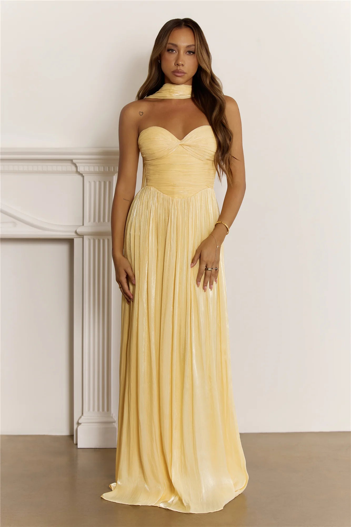 Yellow Strapless Sweetheart Neck Chiffon with Neck Scarf Evening Dress