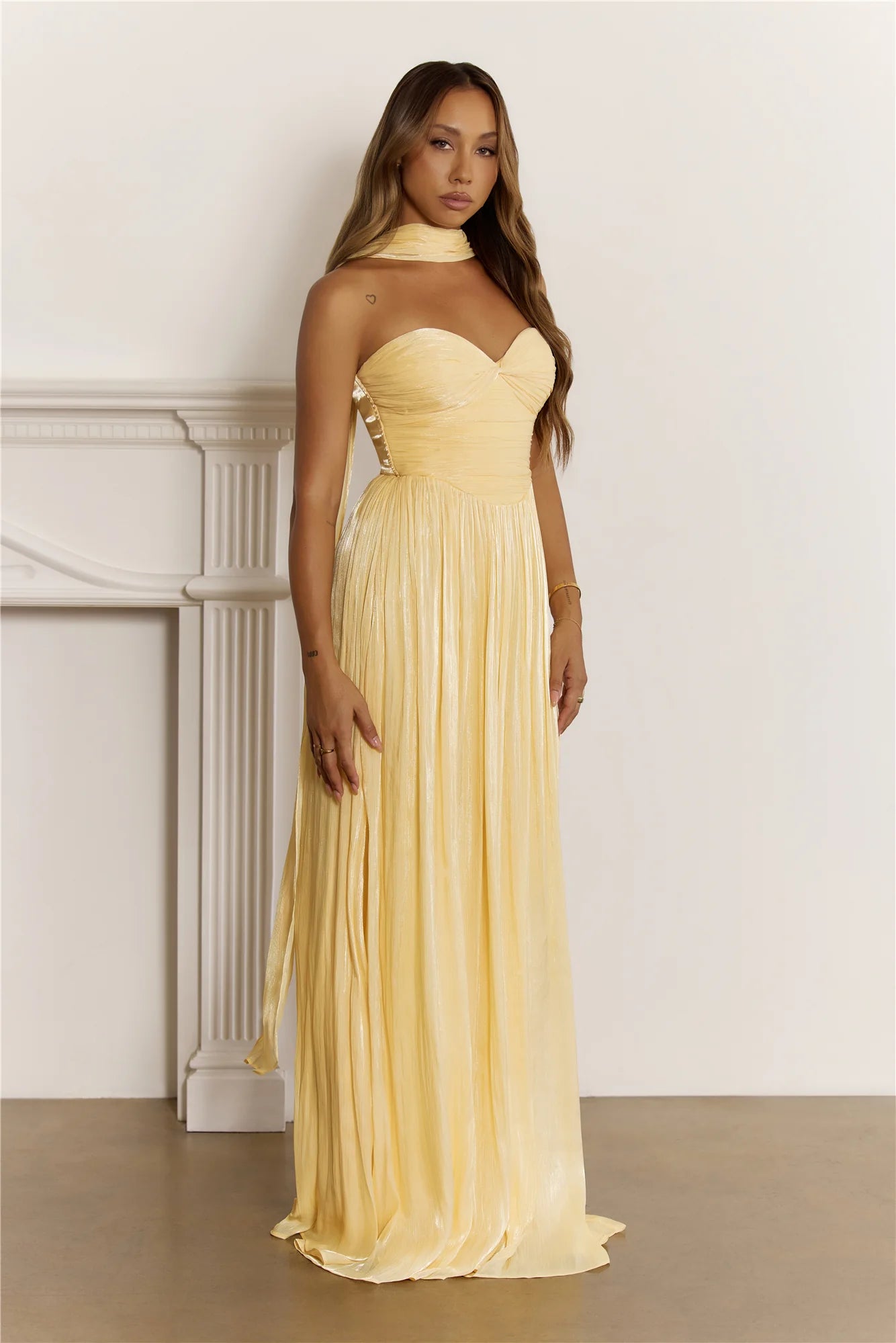 Yellow Strapless Sweetheart Neck Chiffon with Neck Scarf Evening Dress