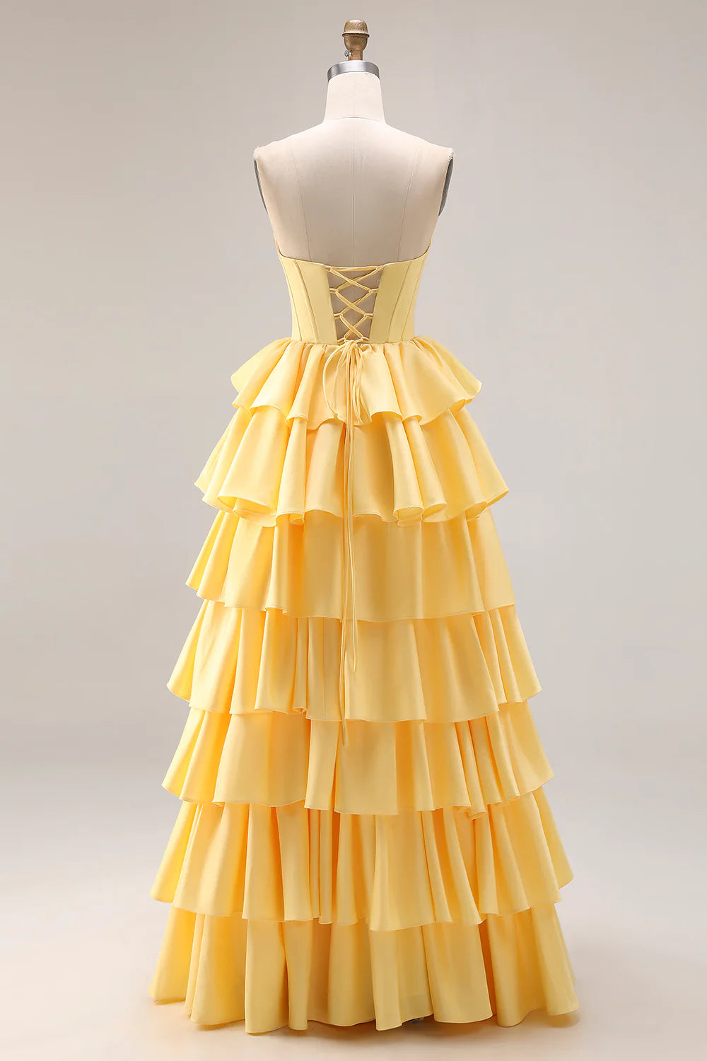 Yellow Strapless Tiered Ruffle Evening Dresses