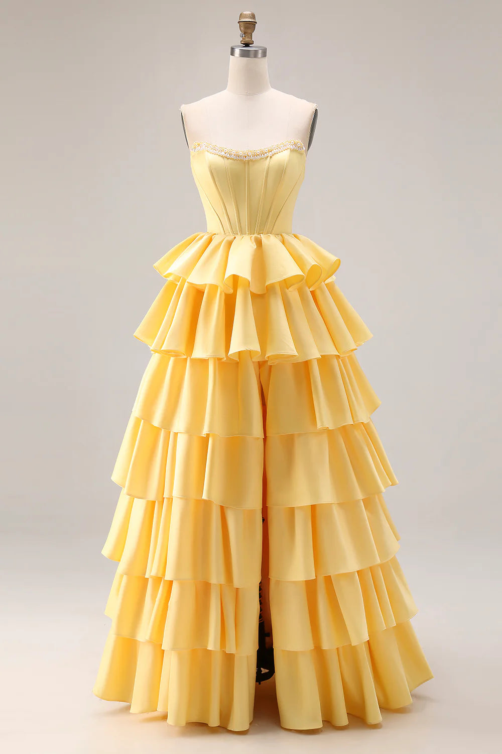 Yellow Strapless Tiered Ruffle Evening Dresses