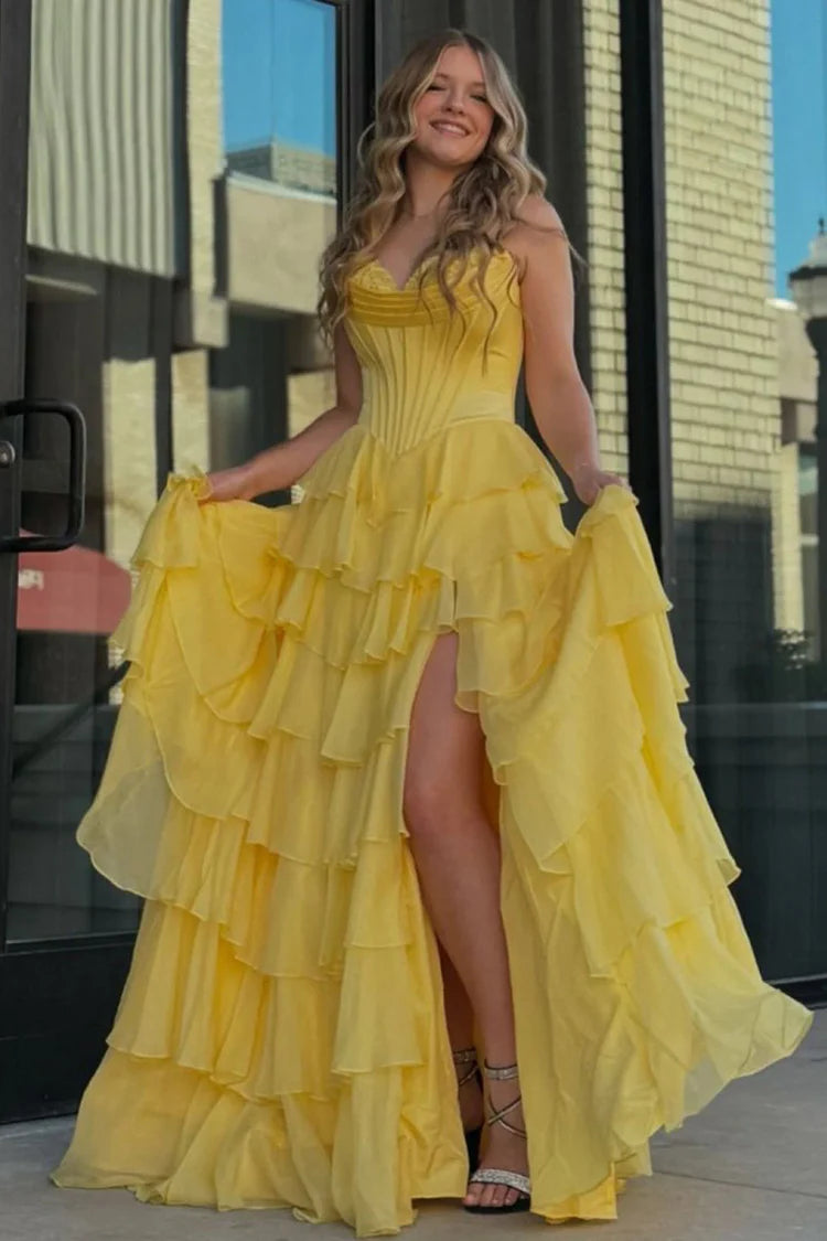 Yellow Strapless Tiered Ruffle Maxi Evening Dresses with High Slit & Lace-Up Back