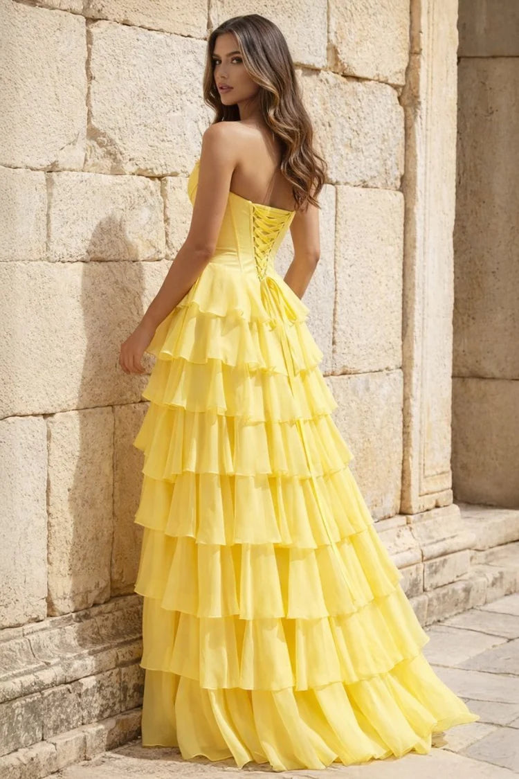 Yellow Strapless Tiered Ruffle Maxi Evening Dresses with High Slit & Lace-Up Back