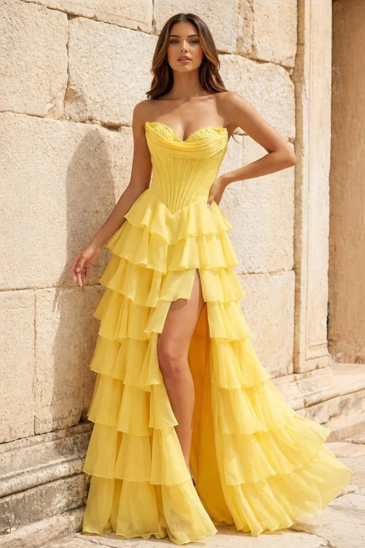 Yellow Strapless Tiered Ruffle Maxi Evening Dresses with High Slit & Lace-Up Back