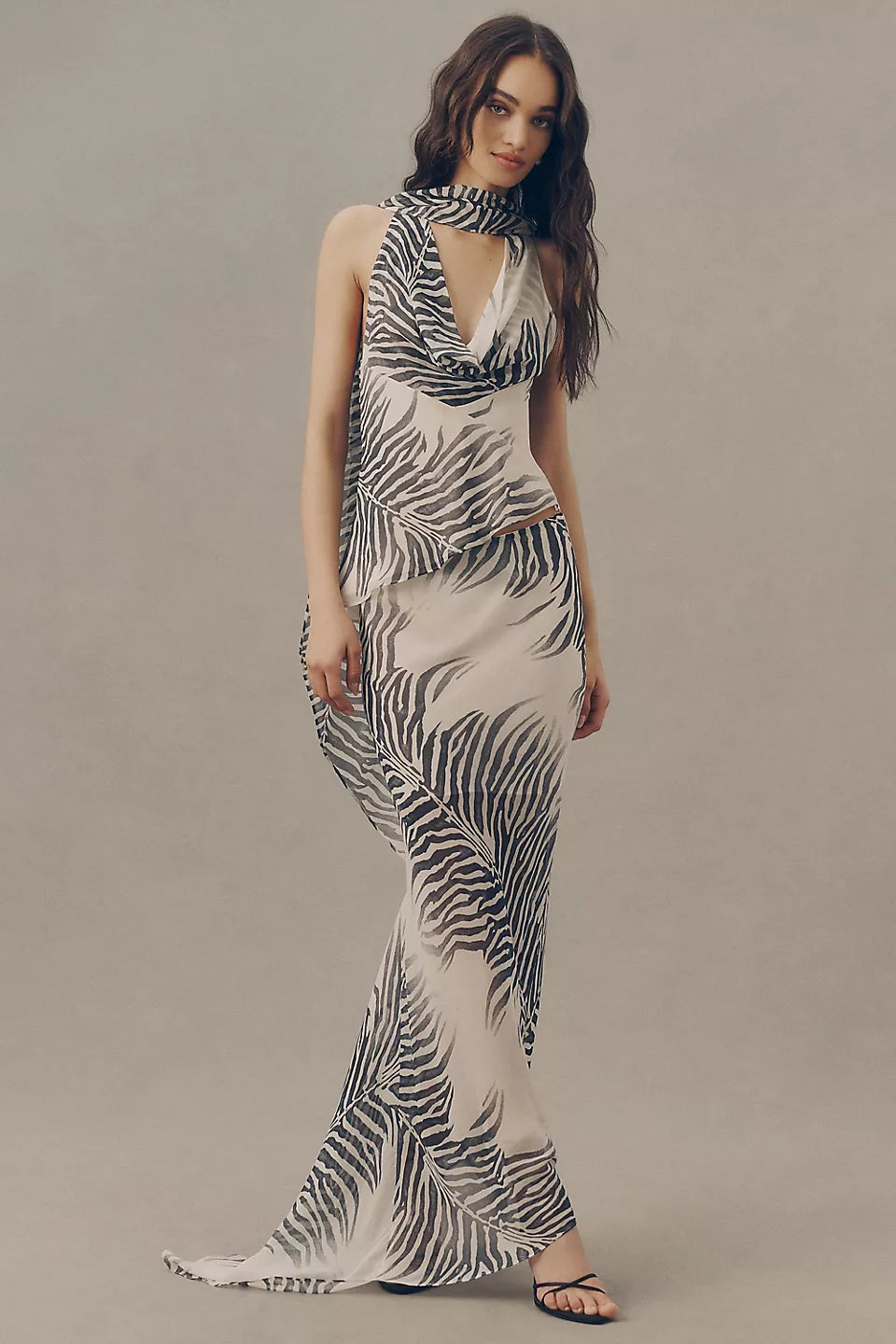Zebra Print Halter Neck Two-Piece Maxi Evening Dresses with Scarf Detail