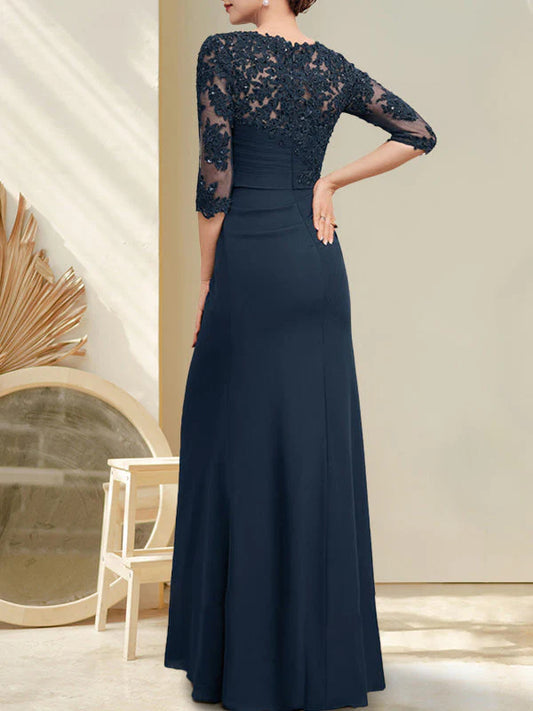 A-line Scoop Floor-Length Chiffon Lace Mother of the Bride Dress With Beading Pleated Sequins