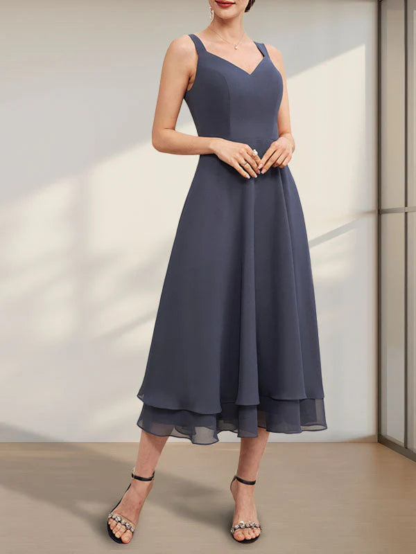 V-Neck Tea-Length Chiffon Mother of the Bride Dress