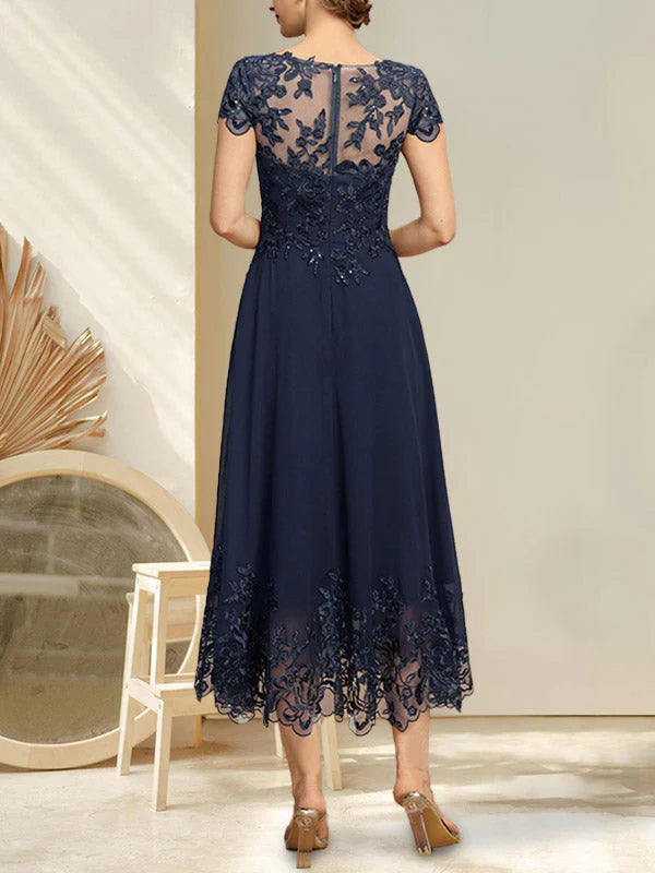 A-line Illusion Scoop Tea-Length Lace Chiffon Mother of the Bride Dress With Sequins