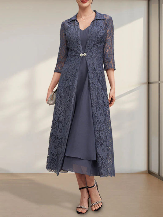 V-Neck Tea-Length Chiffon Mother of the Bride Dress