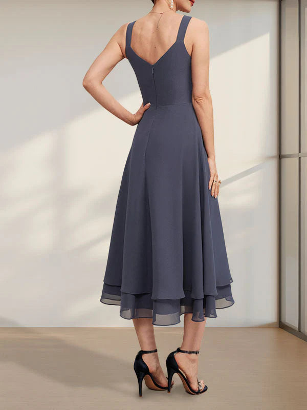 V-Neck Tea-Length Chiffon Mother of the Bride Dress