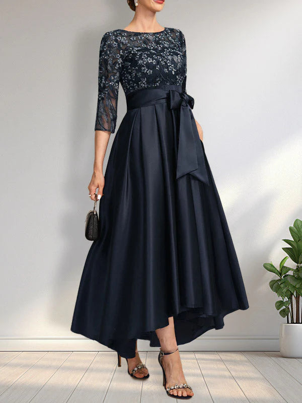 A-line Scoop Illusion Asymmetrical Satin Lace Mother of the Bride Dress With Bow