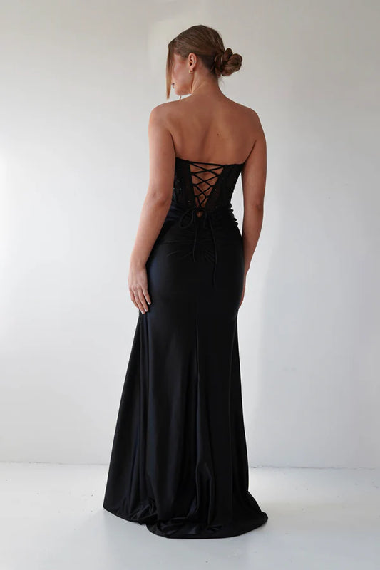 Sleeveless strapless tight fishbone corset waist cinching dress with side slit