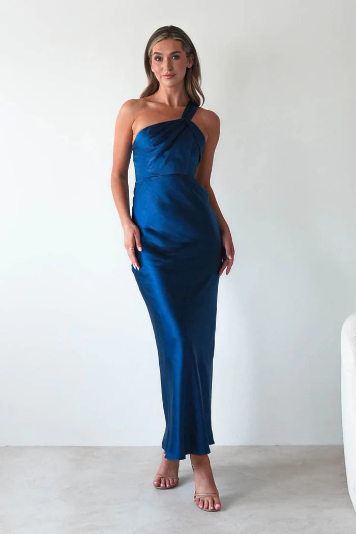 Navy Blue Single Room with Irregular Bareback Satin Dress