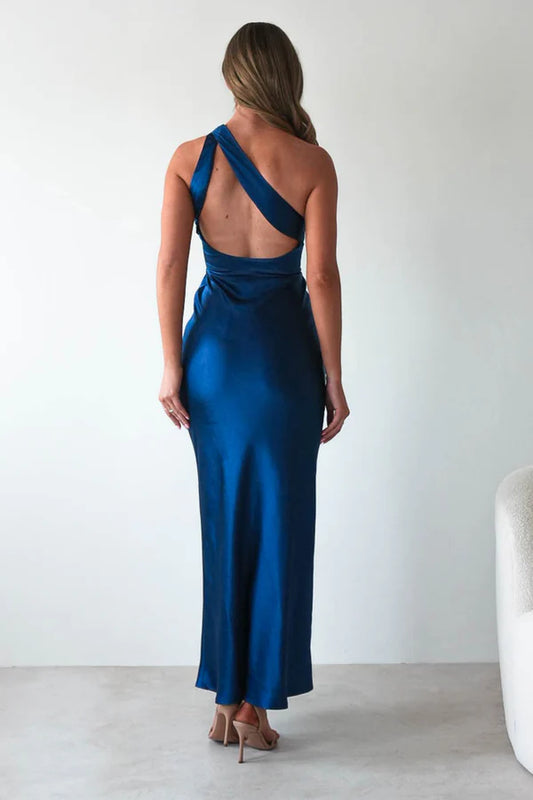 Navy Blue Single Room with Irregular Bareback Satin Dress